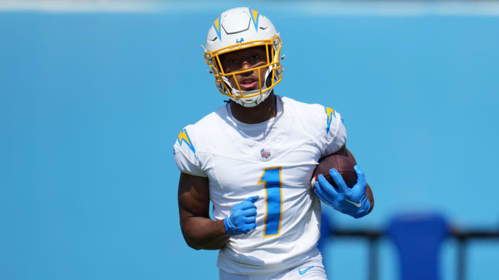 Jun 13, 2024; Costa Mesa, CA, USA; Los Angeles Chargers wide receiver Quentin Johnston (1) during minicamp at the Hoag Performance Center. Mandatory Credit: Kirby Lee-USA TODAY Sports