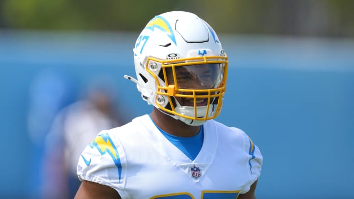 Jun 13, 2024; Costa Mesa, CA, USA; Los Angeles Chargers running back J.K. Dobbins (27) during minicamp at the Hoag Performance Center. Mandatory Credit: Kirby Lee-USA TODAY Sports