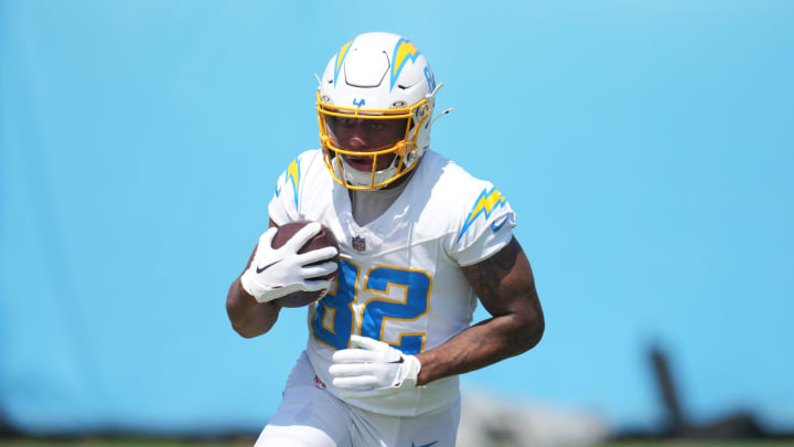 Jun 13, 2024; Costa Mesa, CA, USA; Los Angeles Chargers wide receiver Brenden Rice (82) carries the ball during minicamp at the Hoag Performance Center. Mandatory Credit: Kirby Lee-USA TODAY Sports