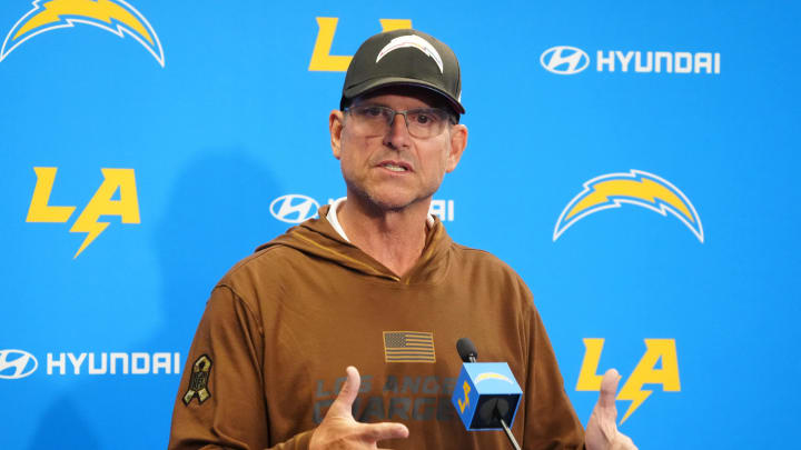 Jun 13, 2024; Costa Mesa, CA, USA; Los Angeles Chargers head coach Jim Harbaugh at a press conference during minicamp at the Hoag Performance Center.  Mandatory Credit: Kirby Lee-USA TODAY Sports