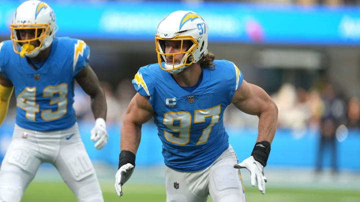 Jan 1, 2023; Inglewood, California, USA; Los Angeles Chargers linebacker Joey Bosa (97) against the Los Angeles Rams at SoFi Stadium. Mandatory Credit: Kirby Lee-USA TODAY Sports