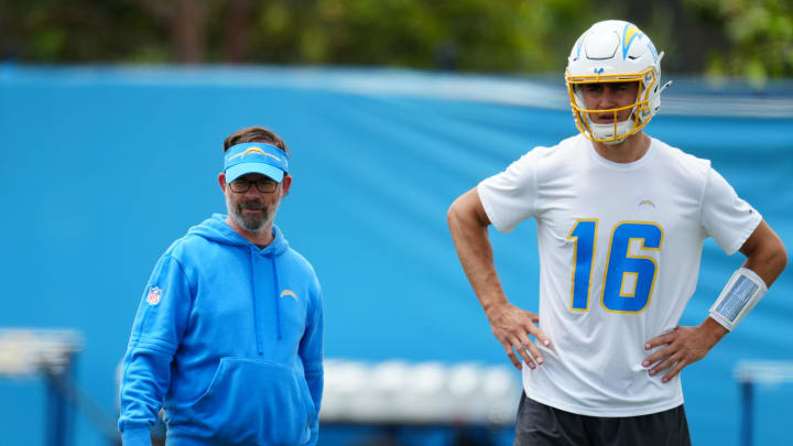 Los Angeles Chargers quarterbacks coach Shane Day and quarterback Casey Bauman (16) during organized team activities at the Hoag Performance Center. Mandatory Credit: Kirby Lee-USA TODAY Sports