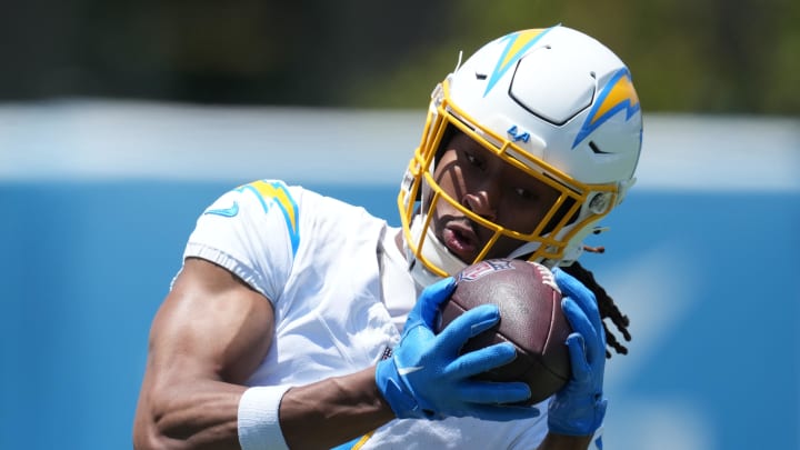 May 29, 2024; Costa Mesa, CA, USA; Los Angeles Chargers wide receiver Quentin Johnston (1) catches the ball during organized team activities at Hoag Performance Center. Mandatory Credit: Kirby Lee-USA TODAY Sports