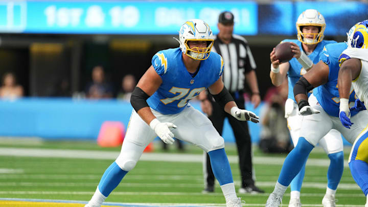 Aug 17, 2024; Inglewood, California, USA; Los Angeles Chargers offensive tackle Joe Alt (76) against the Los Angeles Rams in the first half at SoFi Stadium. Mandatory Credit: Kirby Lee-Imagn Images