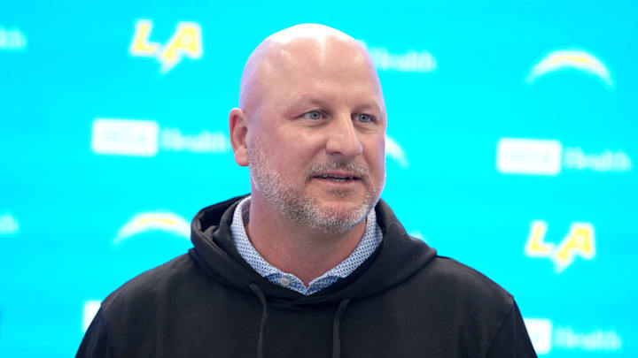 Apr 17, 2025; El Segundo, CA, USA; Los Angeles Chargers general manager Joe Hortiz at press conference at The Bolt. Mandatory Credit: Kirby Lee-Imagn Images Apr 17, 2025; El Segundo, CA, USA; Los Angeles Chargers general manager Joe Hortiz at press conference at The Bolt. Mandatory Credit: Kirby Lee-Imagn Images