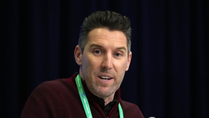 Feb 27, 2024; Indianapolis, IN, USA; Washington Commanders general manager Adam Peters during the NFL Scouting Combine at Indiana Convention Center. Mandatory Credit: Kirby Lee-USA TODAY Sports