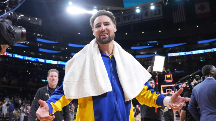 Apr 9, 2024; Los Angeles, California, USA; Golden State Warriors guard Klay Thompson (11) reacts after the game against the Los Angeles Lakers at Crypto.com Arena. Mandatory Credit: Kirby Lee-USA TODAY Sports