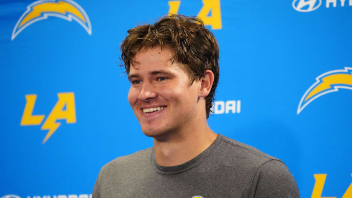 Jun 13, 2024; Costa Mesa, CA, USA; Los Angeles Chargers quarterback Justin Herbert (10) at a press conference during minicamp at the Hoag Performance Center.