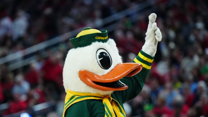 Mar 15, 2024; Las Vegas, NV, USA; The Oregon Ducks mascot gestures during the game against the Arizona Wildcats at T-Mobile Arena. Mandatory Credit: Kirby Lee-USA TODAY Sports