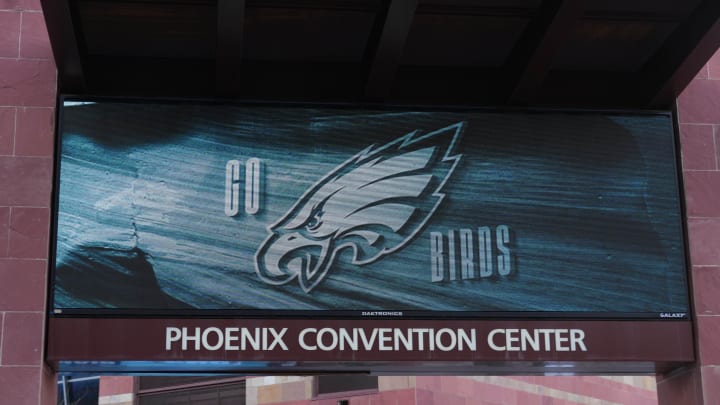 Feb 6, 2023, Phoenix, AZ, USA; A Philadelphia Eagles logo on the marquee sign at the Phoenix Convention Center. Mandatory Credit: Kirby Lee-USA TODAY Sports