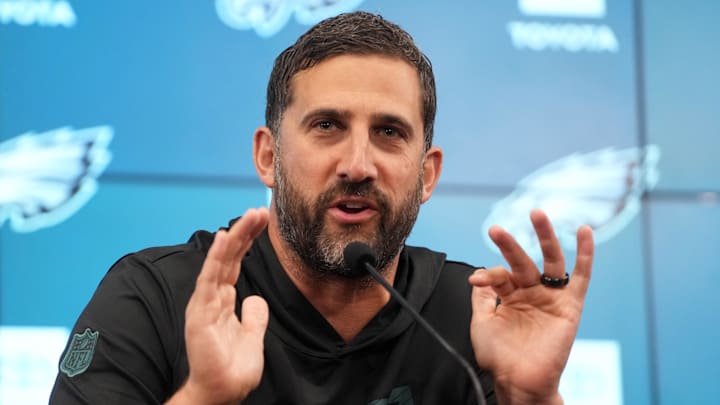 Sep 5, 2024; Sao Paolo, Brazil; Philadelphia Eagles coach Nick Sirianni at press conference at the Neo Quimica Arena. Mandatory Credit: Kirby Lee-Imagn Images