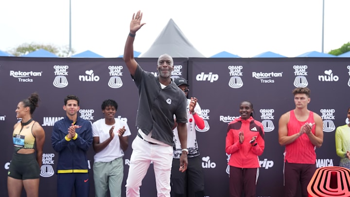 May 4, 2025; Miramar, FL, USA; Michael Johnson waves during the Grand Slam Track Miami at Ansin Sports Complex. Mandatory Credit: Kirby Lee-Imagn Images