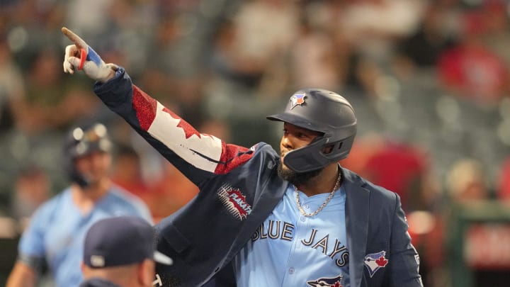 Toronto Blue Jays first baseman Vladimir Guerrero Jr. (27) celebrates after hitting a two-run home run in the eighth inning at Angel Stadium on Aug 14.