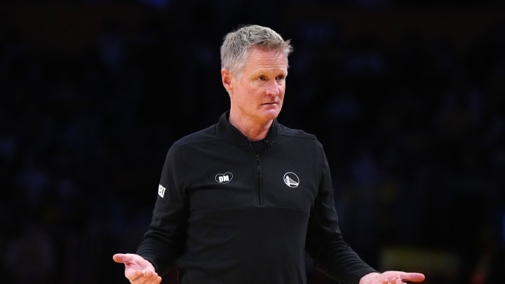 Apr 9, 2024; Los Angeles, California, USA; Golden State Warriors coach Steve Kerr reacts in the first half against the Los Angeles Lakers at Crypto.com Arena. Mandatory Credit: Kirby Lee-USA TODAY Sports