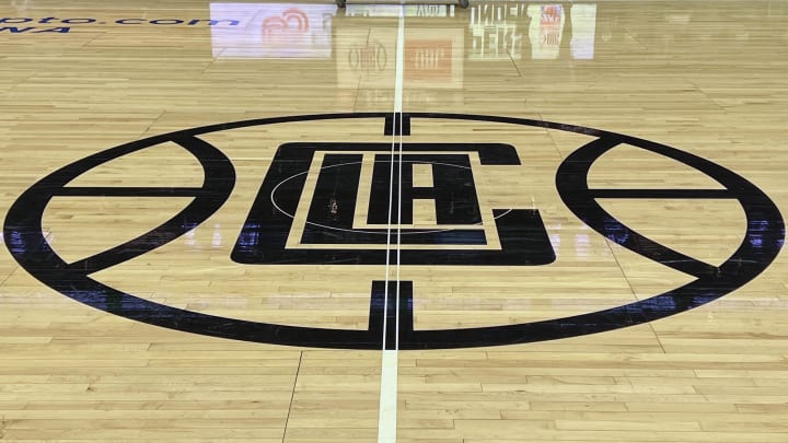 Apr 10, 2022; Los Angeles, California, USA; The LA Clippers logo at center court at Crypto.com Arena. Mandatory Credit: Kirby Lee-USA TODAY Sports