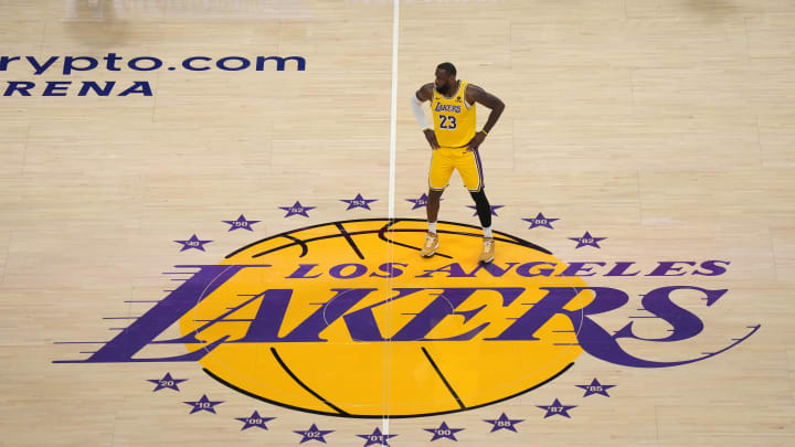 Jan 17, 2024; Los Angeles, California, USA; Los Angeles Lakers forward LeBron James (23) stands on the Lakers logo at center court in the first half against the Dallas Mavericks at Crypto.com Arena. Mandatory Credit: Kirby Lee-USA TODAY Sports