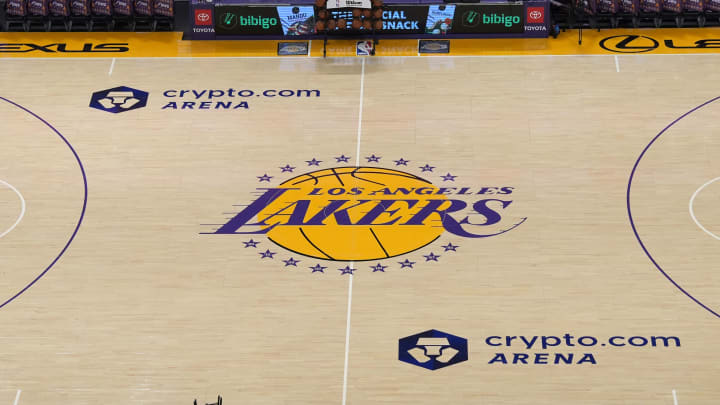 Dec 18, 2023; Los Angeles, California, USA; The Los Angeles Lakers logo at center court at the Crypto.com Arena. Mandatory Credit: Kirby Lee-USA TODAY Sports