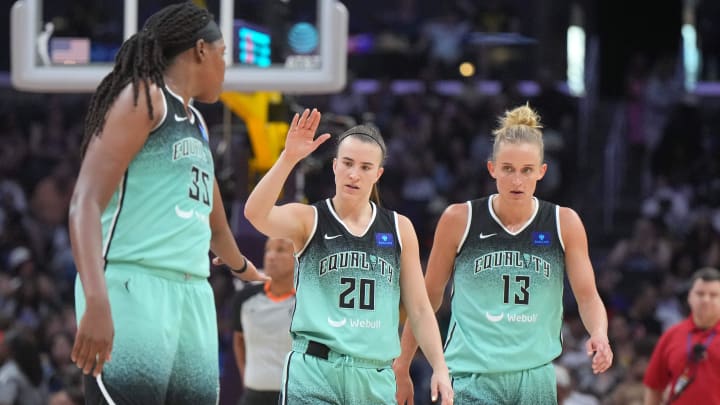 New York Liberty forward Jonquel Jones, guard Sabrina Ionescu and forward Leonie Fiebich 