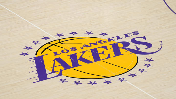 Nov 30, 2022; Los Angeles, California, USA; The Los Angeles Lakers logo at center court at Crypto.com Arena. Mandatory Credit: Kirby Lee-USA TODAY Sports