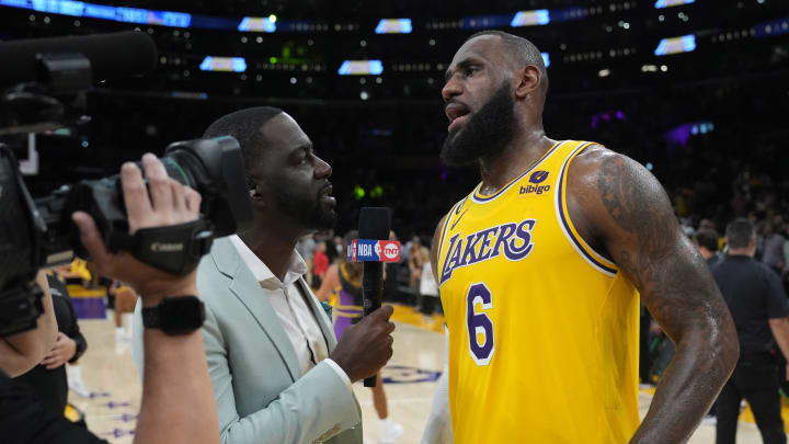 May 8, 2023; Los Angeles, California, USA; Los Angeles Lakers forward LeBron James (6) is interviewed by TNT reporter Chris Haynes after game four of the 2023 NBA playoffs against the Golden State Warriors at Crypto.com Arena. Mandatory Credit: Kirby Lee-USA TODAY Sports