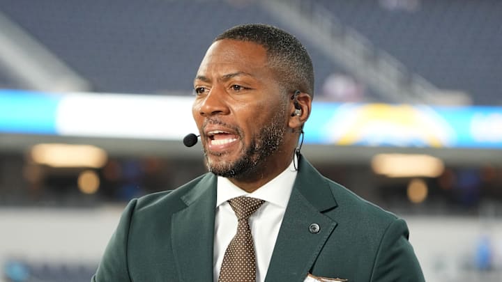 Oct 16, 2023; Inglewood, California, USA; Ryan Clark on the ESPN Monday Night Football Countdown set SoFi Stadium. Mandatory Credit: Kirby Lee-Imagn Images