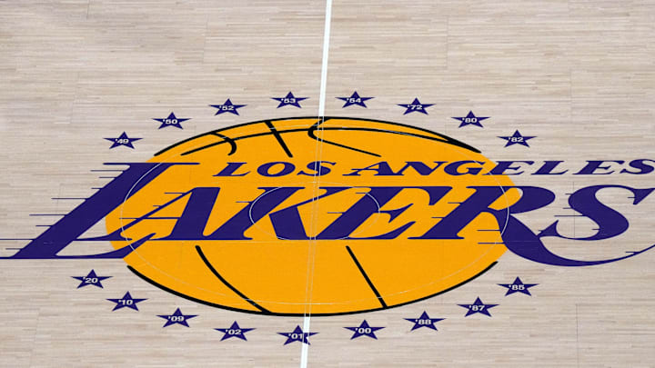 Apr 22, 2023; Los Angeles, California, USA; The Los Angeles Lakers logo at center court during game three of the 2023 NBA playoffs at Crypto.com Arena. Mandatory Credit: Kirby Lee-Imagn Images