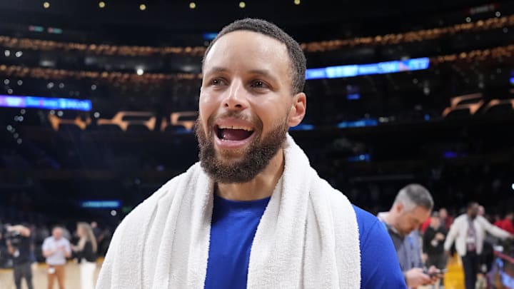 Apr 9, 2024; Los Angeles, California, USA; Golden State Warriors guard Stephen Curry reacts after the game against the Los Angeles Lakers at Crypto.com Arena. Mandatory Credit: Kirby Lee-Imagn Images