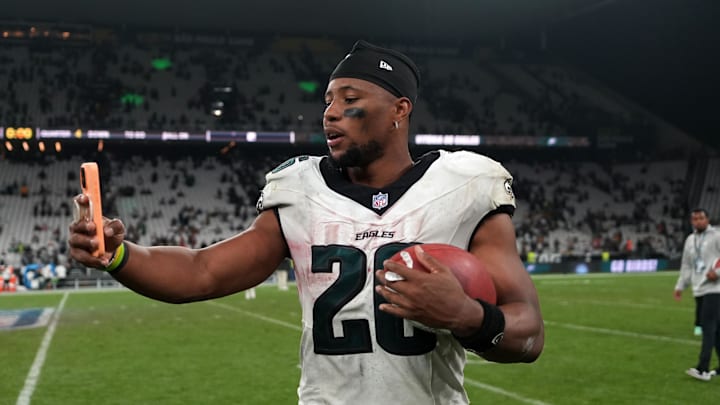 Sep 6, 2024; Sao Paulo, Brazil; Philadelphia Eagles running back Saquon Barkley (26) leaves the field after the 2024 NFL Sao Paolo Game against the Green Bay Packers at Neo Quimica Arena.  