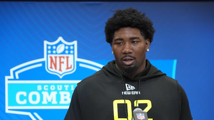 Feb 26, 2025; Indianapolis, IN, USA; Toledo defensive lineman Darius Alexander (DL02) during the 2025 NFL Scouting Combine at the Indiana Convention Center. Mandatory Credit: Kirby Lee-Imagn Images Feb 26, 2025; Indianapolis, IN, USA; Toledo defensive lineman Darius Alexander (DL02) during the 2025 NFL Scouting Combine at the Indiana Convention Center. Mandatory Credit: Kirby Lee-Imagn Images