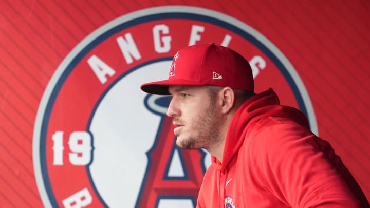 Jun 3, 2024; Anaheim, California, USA; Los Angeles Angels center fielder Mike Trout watches from the dugout during the game against the San Diego Padres at Angel Stadium. Mandatory Credit: Kirby Lee-USA TODAY Sports