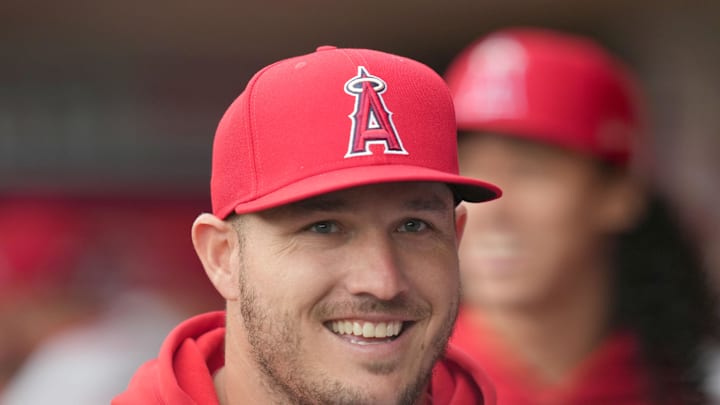 Jun 3, 2024; Anaheim, California, USA; Los Angeles Angels center fielder Mike Trout watches from the dugout during the game against the San Diego Padres at Angel Stadium. Mandatory Credit: Kirby Lee-Imagn Images