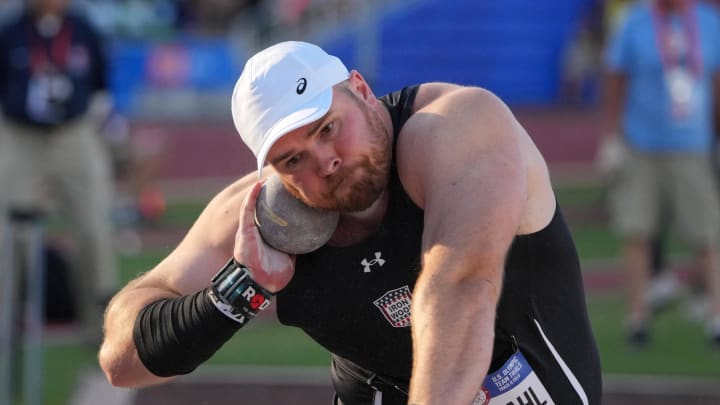 Jun 22, 2024; Eugene, OR, USA; Payton Otterdahl places third in the shot put at 73-0 1/2 (22.26m) during the US Olympic Team Trials at Hayward Field. Mandatory Credit: Kirby Lee-USA TODAY Sports