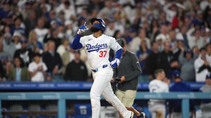 Jun 11, 2024; Los Angeles, California, USA; Los Angeles Dodgers left fielder Teoscar Hernandez (37) runs the bases after hitting a two-run home run in the sixth inning against the Texas Rangers at Dodger Stadium. Mandatory Credit: Kirby Lee-USA TODAY Sports