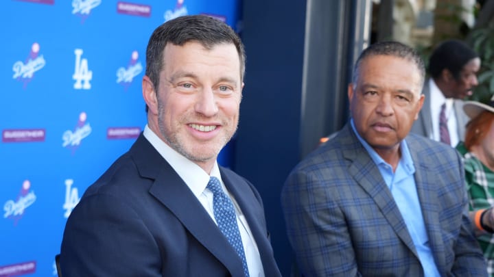 Dec 14, 2023; Los Angeles, CA, USA; Los Angeles Dodgers president of baseball operations Andrew Friedman (left) and manager Dave Roberts at press conference at Dodger Stadium. Mandatory Credit: Kirby Lee-USA TODAY Sports