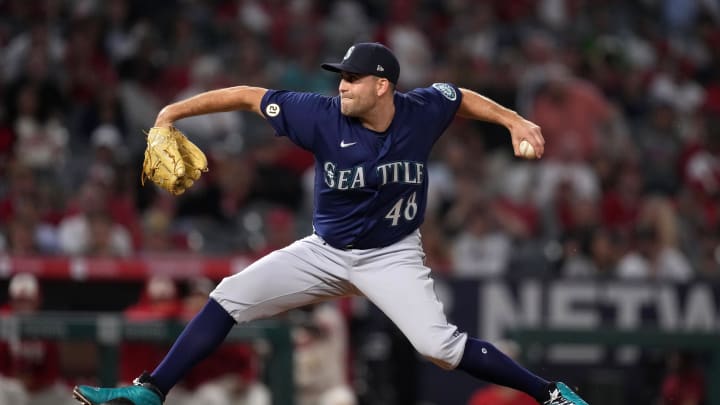 Seattle Mariners starting pitcher Matthew Boyd (48) throws in the seventh inning against the Los Angeles Angels at Angel Stadium in 2022.