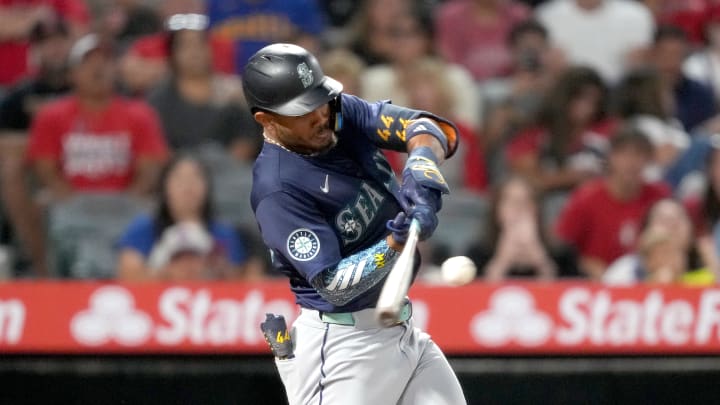 Seattle Mariners center fielder Julio Rodriguez (44) hits a two-run single in the fourth inning against the Los Angeles Angels at Angel Stadium on Aug 31.