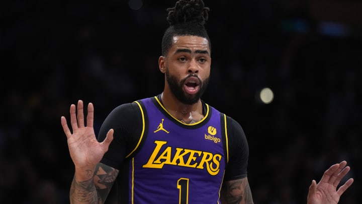 Jan 19, 2024; Los Angeles, California, USA; Los Angeles Lakers guard D'Angelo Russell (1) reacts against the Brooklyn Nets in the first half at Crypto.com Arena. Mandatory Credit: Kirby Lee-USA TODAY Sports