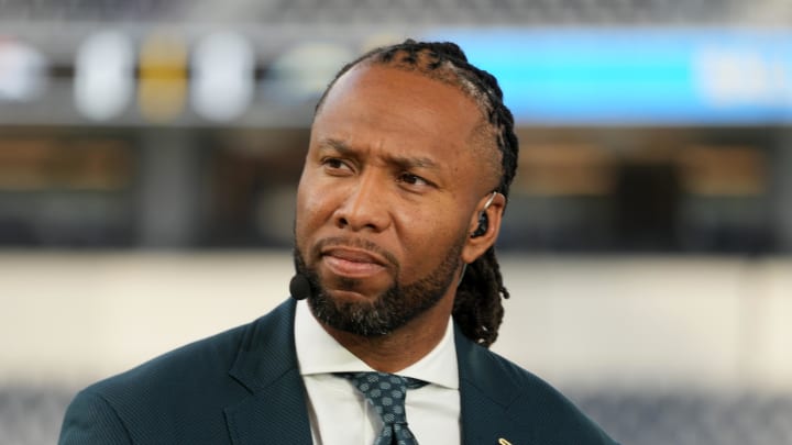 Oct 17, 2022; Inglewood, California, USA; Larry Fitzgerald  on the ESPN Monday Night Football Countdown set before the game between the Los Angeles Chargers and the Denver Broncos at SoFi Stadium. Mandatory Credit: Kirby Lee-USA TODAY Sports