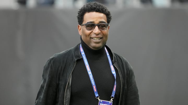 Oct 2, 2022; London, United Kingdom; Cris Carter attends an NFL International Series game at Tottenham Hotspur Stadium.  Mandatory Credit: Kirby Lee-USA TODAY Sports