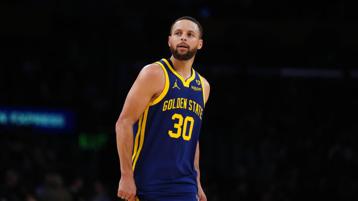 Apr 9, 2024; Los Angeles, California, USA; Golden State Warriors guard Stephen Curry (30) reacts against the Los Angeles Lakers in the second half at Crypto.com Arena. 