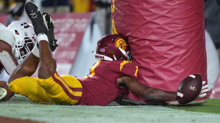 Sep 11, 2021; Los Angeles, California, USA; Southern California Trojans wide receiver Gary Bryant Jr. (1) collides with the goal post in the third quarter against the Stanford Cardinal at United Airlines Field at Los Angeles Memorial Coliseum.