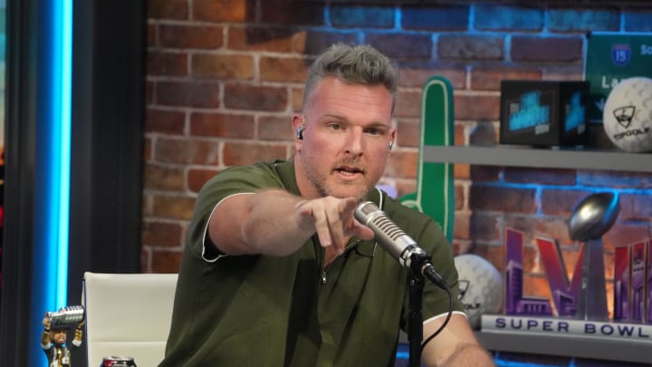 Feb 8, 2024; Las Vegas, NV, USA; Pat McAfee on radio row at the Super Bowl 58 media center at the Mandalay Bay resort and casino. Mandatory Credit: Kirby Lee-USA TODAY Sports