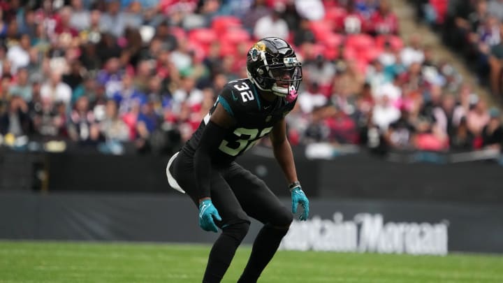 Oct 1, 2023; London, United Kingdom; Jacksonville Jaguars cornerback Tyson Campbell (32) against the Atlanta Falcons in the first half during an NFL International Series game at Wembley Stadium. Mandatory Credit: Kirby Lee-USA TODAY Sports