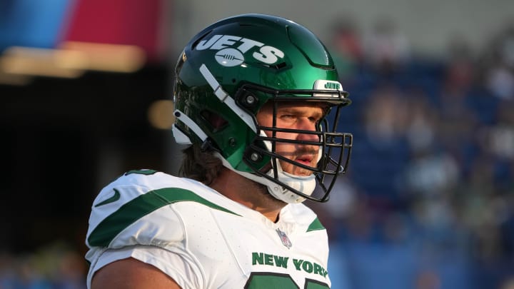 Aug 3, 2023; Canton, OH; New York Jets center Joe Tippmann (66) reacts against the Cleveland Browns during the first half at Tom Benson Hall of Fame Stadium.  