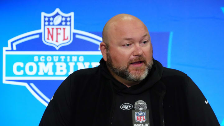 Feb 28, 2024; Indianapolis, IN, USA; New York Jets general manager Joe Douglas speaks at a press conference at the NFL Scouting Combine at Indiana Convention Center.