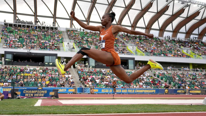 Jun 8, 2024; Eugene, OR, USA; Ackelia Smith of Texas wins the women's triple jump at 47-7 3/4 (14.52m) during the NCAA Track and Field Championships at Hayward Field. Mandatory Credit: Kirby Lee-USA TODAY Sports