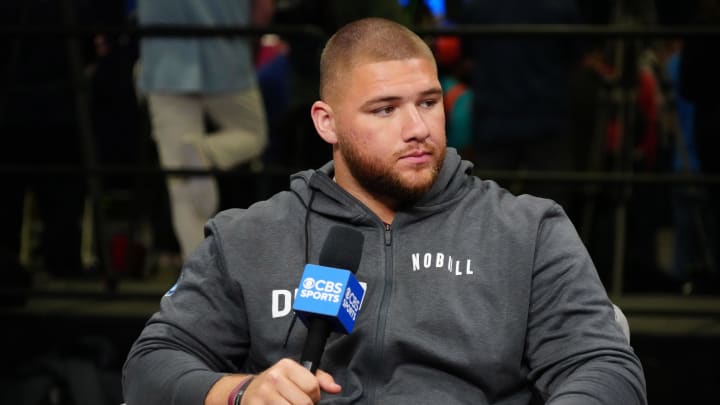 Feb 28, 2024; Indianapolis, IN, USA; Florida State defensive lineman Braden Fiske (DL07) on the CBS Sports set at the NFL Scouting Combine at Indiana Convention Center. Mandatory Credit: Kirby Lee-USA TODAY Sports