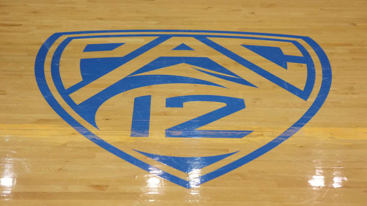 Feb 18, 2024; Los Angeles, California, USA; The Pac-12 Conference logo on the court at Pauley Pavilion presented by Wescom. Utah defeated UCLA 70-69. Mandatory Credit: Kirby Lee-USA TODAY Sports