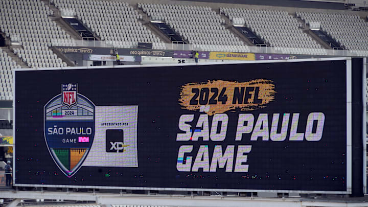 The video board at Arena Corinthians in Sao Paolo hypes the Packers-Eagles Week 1 showdown.