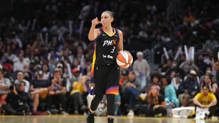Sep 17, 2024; Los Angeles, California, USA; Phoenix Mercury guard Diana Taurasi (3) dribbles the ball against the LA Sparks in the first half at Crypto.com Arena. Mandatory Credit: Kirby Lee-Imagn Images